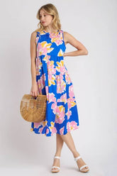 Umgee Full Size Floral Tiered Midi Tank Dress Plus Size Royal Blue / XL