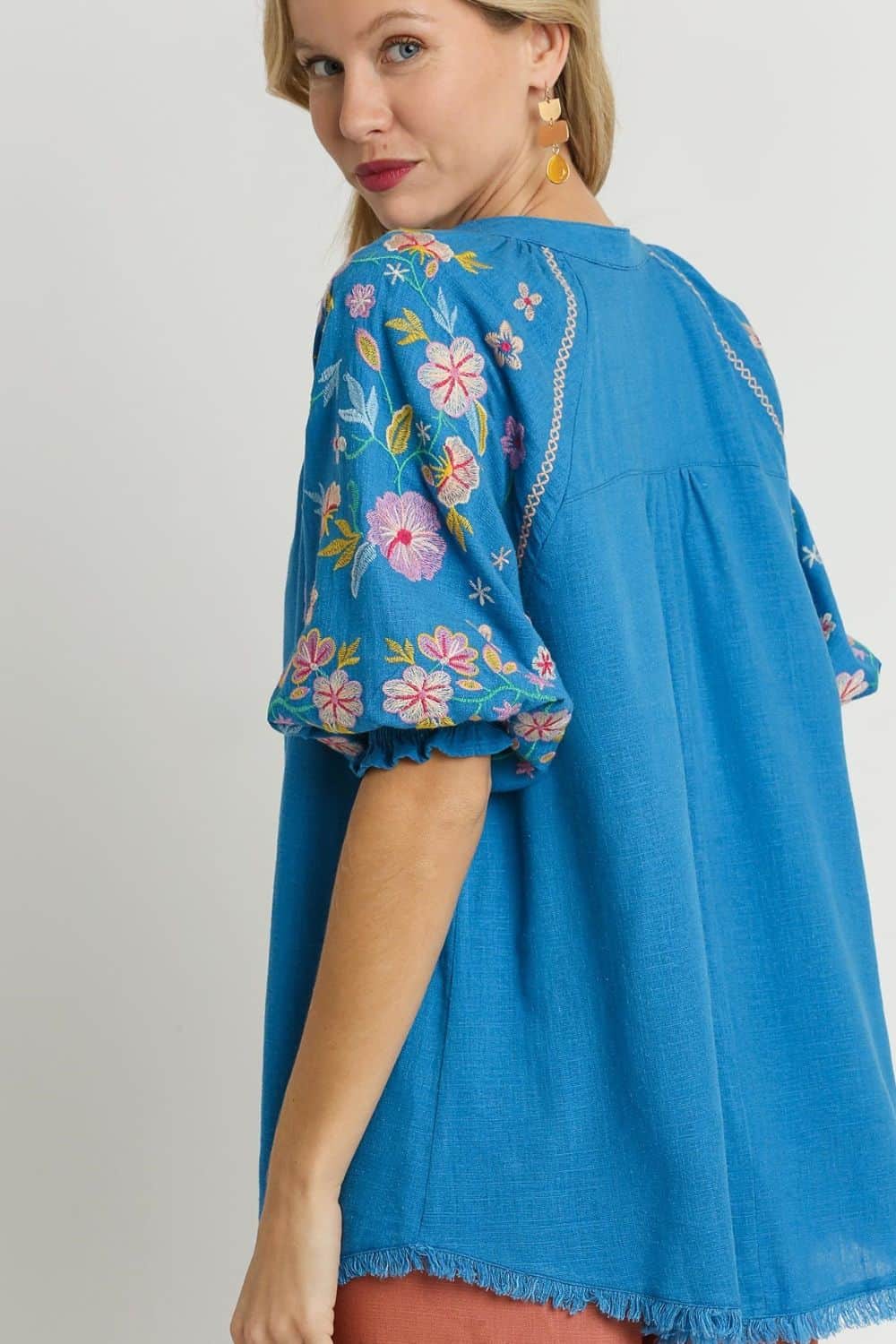 Umgee Full Size Half Button Top with Embroidery Sleeves Plus Size
