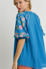 Umgee Full Size Half Button Top with Embroidery Sleeves Plus Size