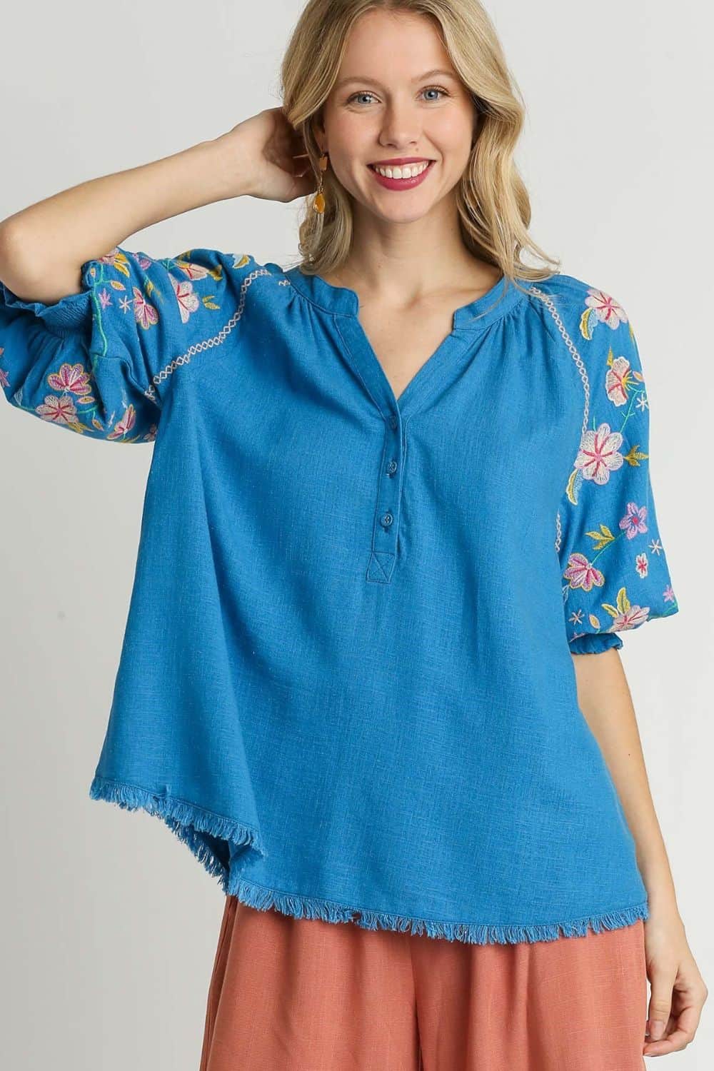 Umgee Full Size Half Button Top with Embroidery Sleeves Plus Size Cerulean / 1XL