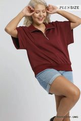 Umgee Full Size Half-Zip Short Sleeve Top Plus Size