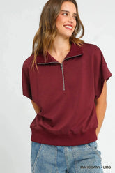 Umgee Full Size Half-Zip Short Sleeve Top Plus Size MAHOGANY / S