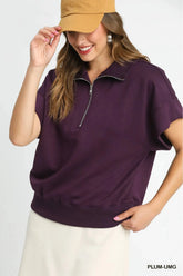 Umgee Full Size Half-Zip Short Sleeve Top Plus Size PLUM / S