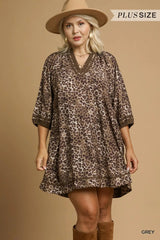 Umgee Full Size Leopard Print Mini Dress with Contrast Trim Plus Size