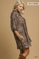 Umgee Full Size Leopard Print Mini Dress with Contrast Trim Plus Size