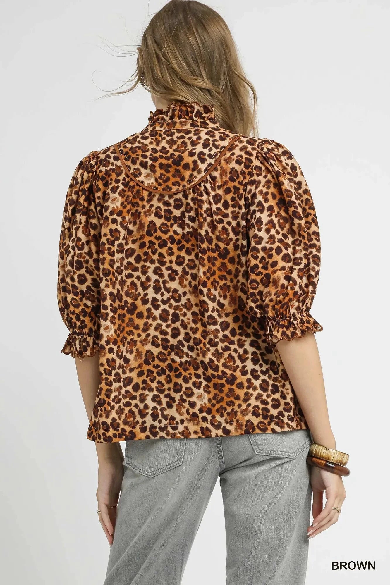Umgee Full Size Leopard Print Ruffle Neck Blouse Plus Size