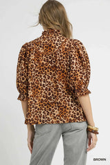 Umgee Full Size Leopard Print Ruffle Neck Blouse Plus Size