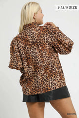 Umgee Full Size Leopard Print Ruffle Neck Blouse Plus Size