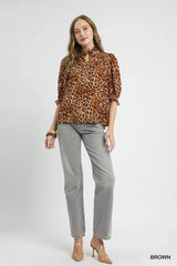 Umgee Full Size Leopard Print Ruffle Neck Blouse Plus Size