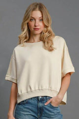 Umgee Full Size Lightweight Cropped Sweatshirt Plus Size ECRU / S