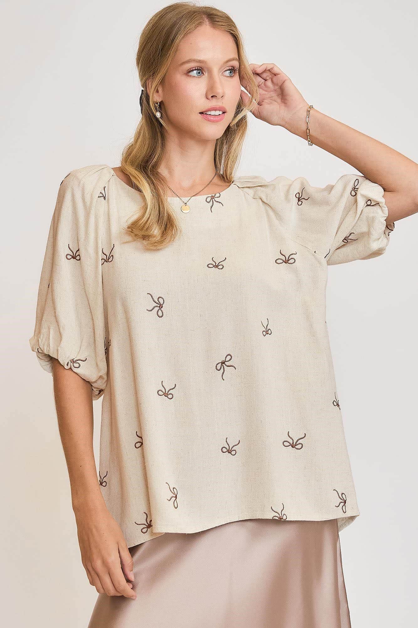 Umgee Full Size Linen Blend Ribbon Embroidered Top Plus Size OATMEAL / 2XL