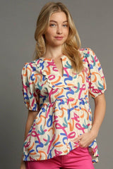 Umgee Full Size Mixed Print Puff Sleeve Babydoll Blouse Plus Size CONFETTI / 2XL