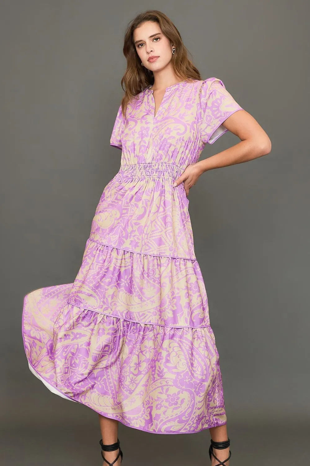 Umgee Full Size Printed Notched Short Sleeve Tiered Dress Plus Size Heliotrope Purple / S