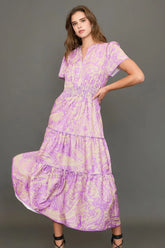 Umgee Full Size Printed Notched Short Sleeve Tiered Dress Plus Size Heliotrope Purple / S
