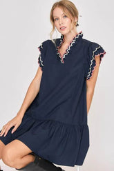 Umgee Full Size Ruffled Scalloped Sleeved Dress Plus Size Dark Navy / S