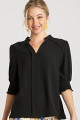 Umgee Full Size Split Neck Boxy Cut Top with Piping Details Plus Size Black / S
