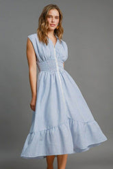 Umgee Full Size Striped Midi Dress with Smocked Waist Plus Size Light Blue / S