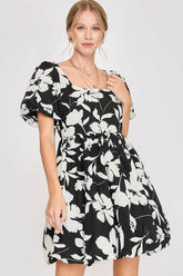 Umgee Full Size Two Tone Floral Print Babydoll Dress Plus Size Black/White / 1XL