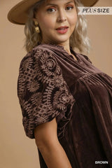 Umgee Full Size Velvet Embroidered Sleeve Blouse Plus Size