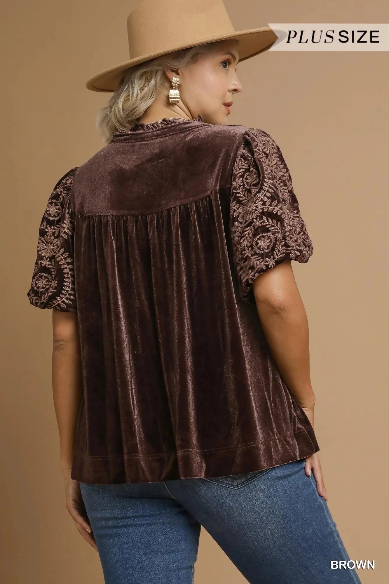 Umgee Full Size Velvet Embroidered Sleeve Blouse Plus Size