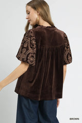 Umgee Full Size Velvet Embroidered Sleeve Blouse Plus Size