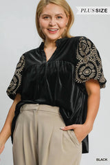 Umgee Full Size Velvet Embroidered Sleeve Blouse Plus Size