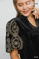 Umgee Full Size Velvet Embroidered Sleeve Blouse Plus Size