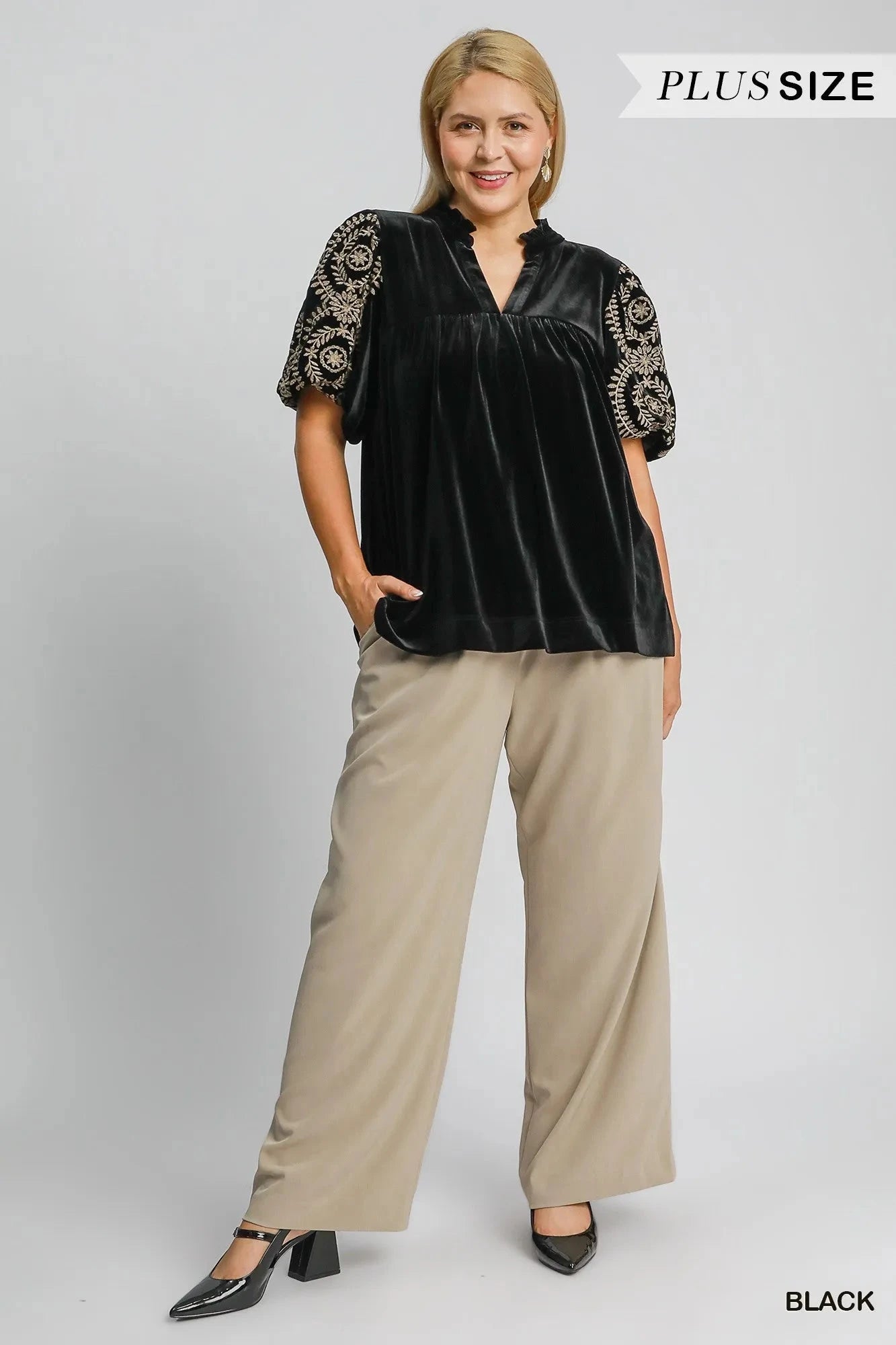 Umgee Full Size Velvet Embroidered Sleeve Blouse Plus Size