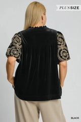 Umgee Full Size Velvet Embroidered Sleeve Blouse Plus Size