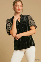 Umgee Full Size Velvet Embroidered Sleeve Blouse Plus Size Black / S