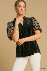 Umgee Full Size Velvet Embroidered Sleeve Blouse Plus Size Black / S