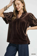 Umgee Full Size Velvet Embroidered Sleeve Blouse Plus Size Brown / S