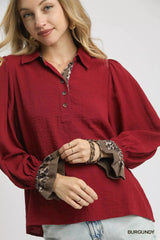 Umgee Half Button Blouse with Leopard Print Trim