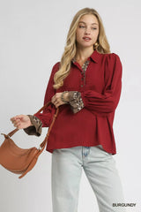 Umgee Half Button Blouse with Leopard Print Trim BURGUNDY / S