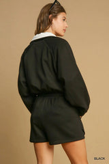 Umgee Half Zip Romper with Drawstring Waist