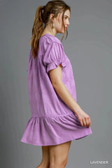 Umgee Heart Pattern Short Sleeve Ruffle Babydoll Dress