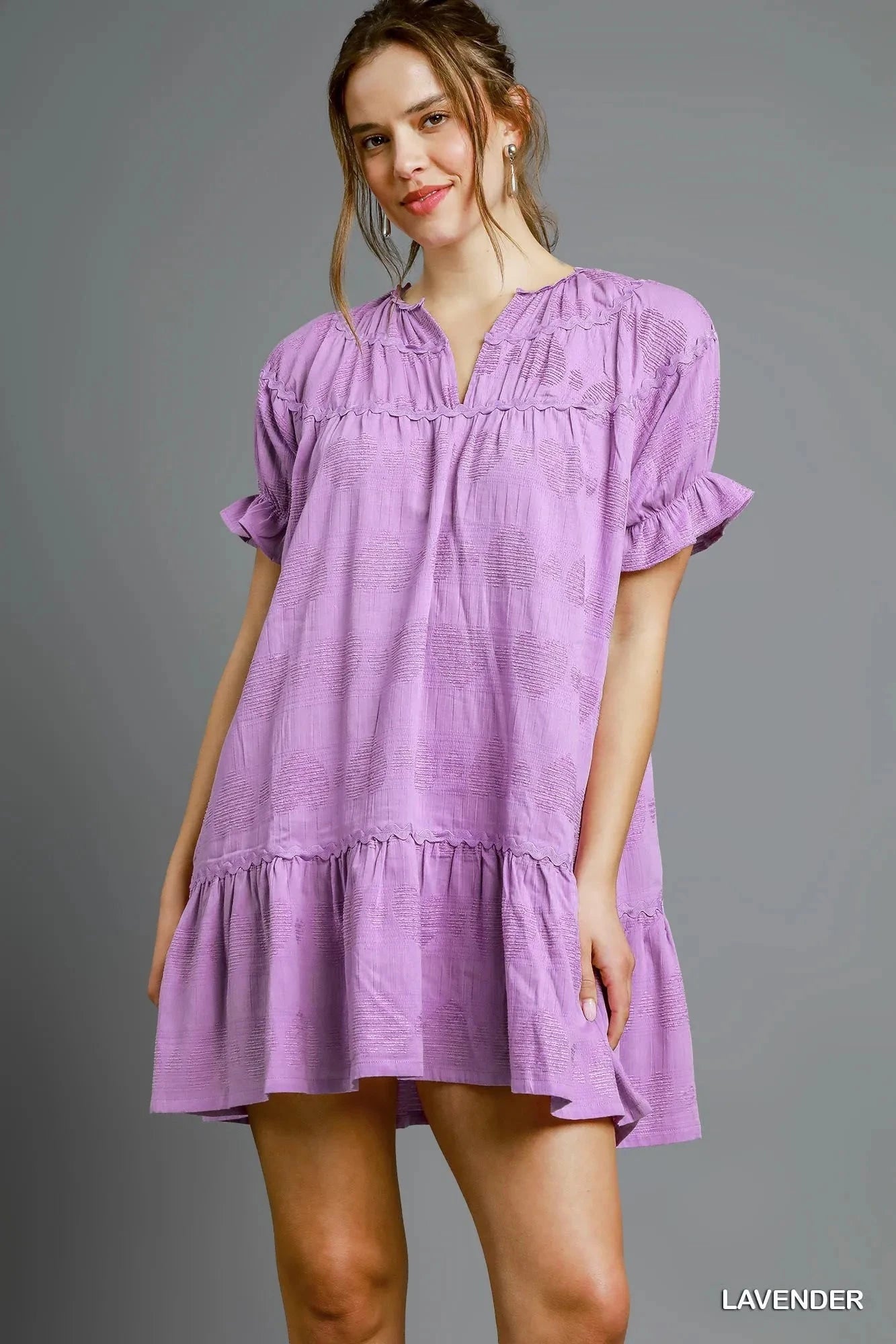 Umgee Heart Pattern Short Sleeve Ruffle Babydoll Dress Lavender / S