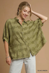 Umgee Jacquard Heart Collared Shirt OLIVE GREEN / S