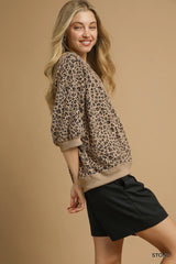 Umgee Leopard Knit Jacquard Puff Sleeve Sweatshirt