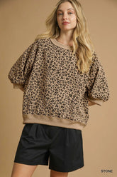 Umgee Leopard Knit Jacquard Puff Sleeve Sweatshirt STONE / S