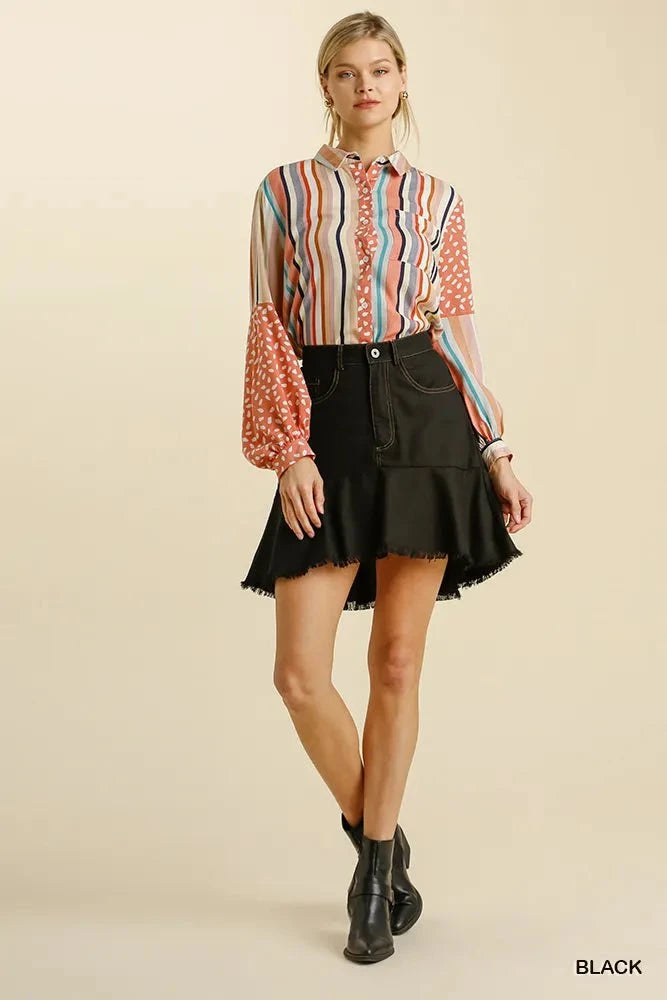 Umgee Linen Blend 5 Pockets High Low Skirt with Frayed Hem