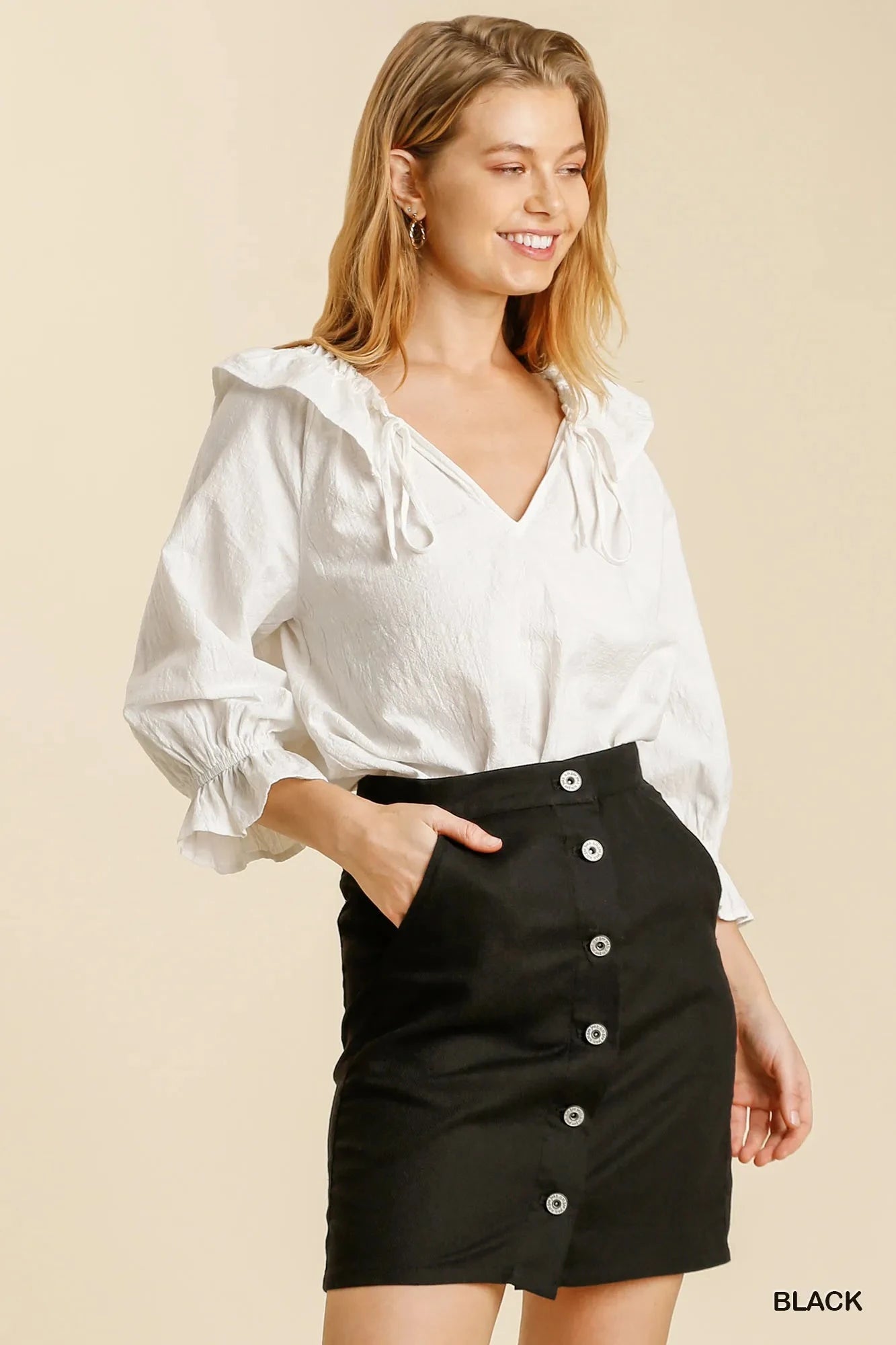Umgee Linen Blend Button Down Skirt with Pockets Black / S
