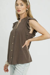 Umgee Linen Ruffle Sleeve Button-Down Shirt