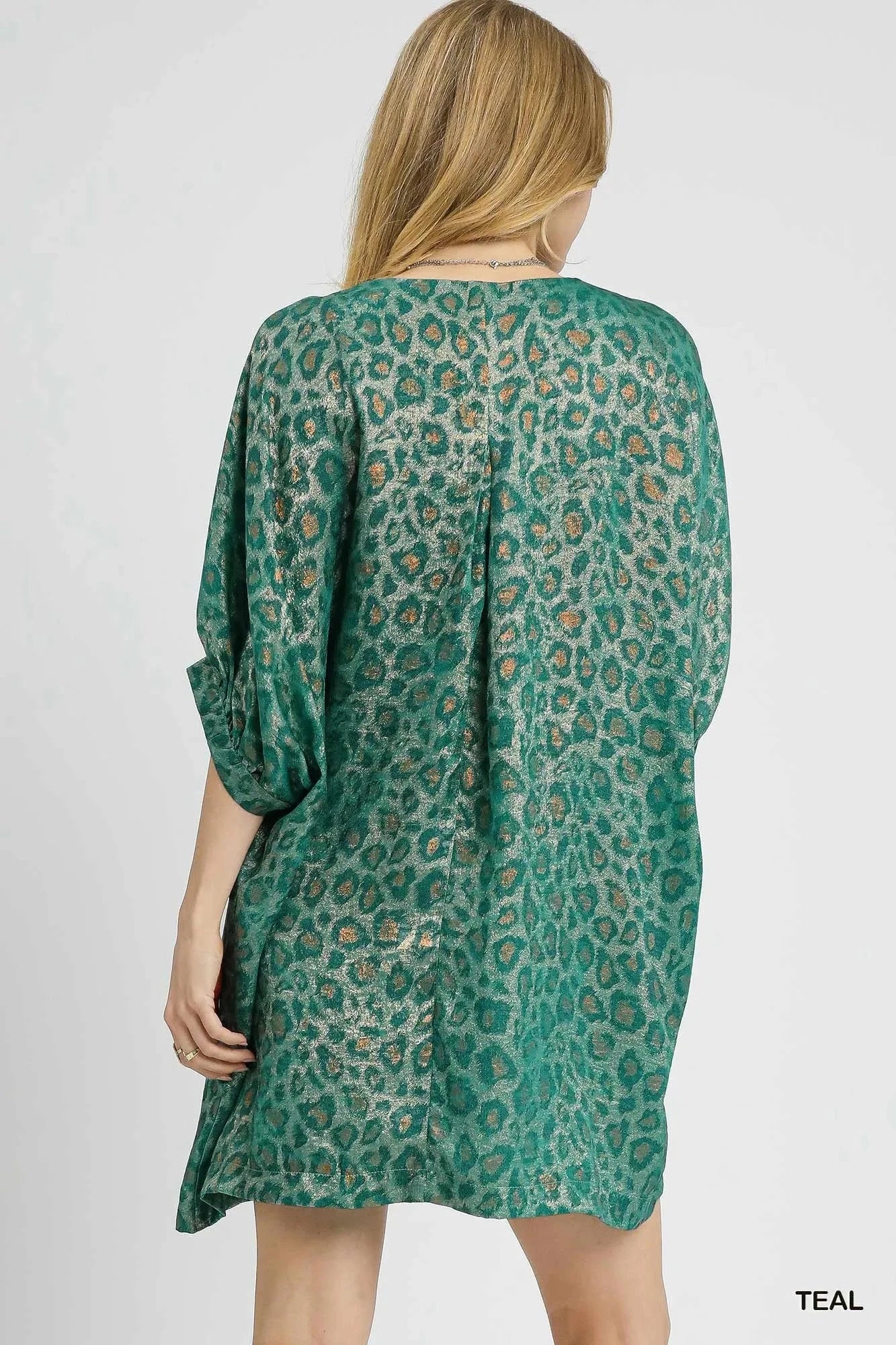 Umgee Metallic Leopard Print V-Neck Kimono Dress
