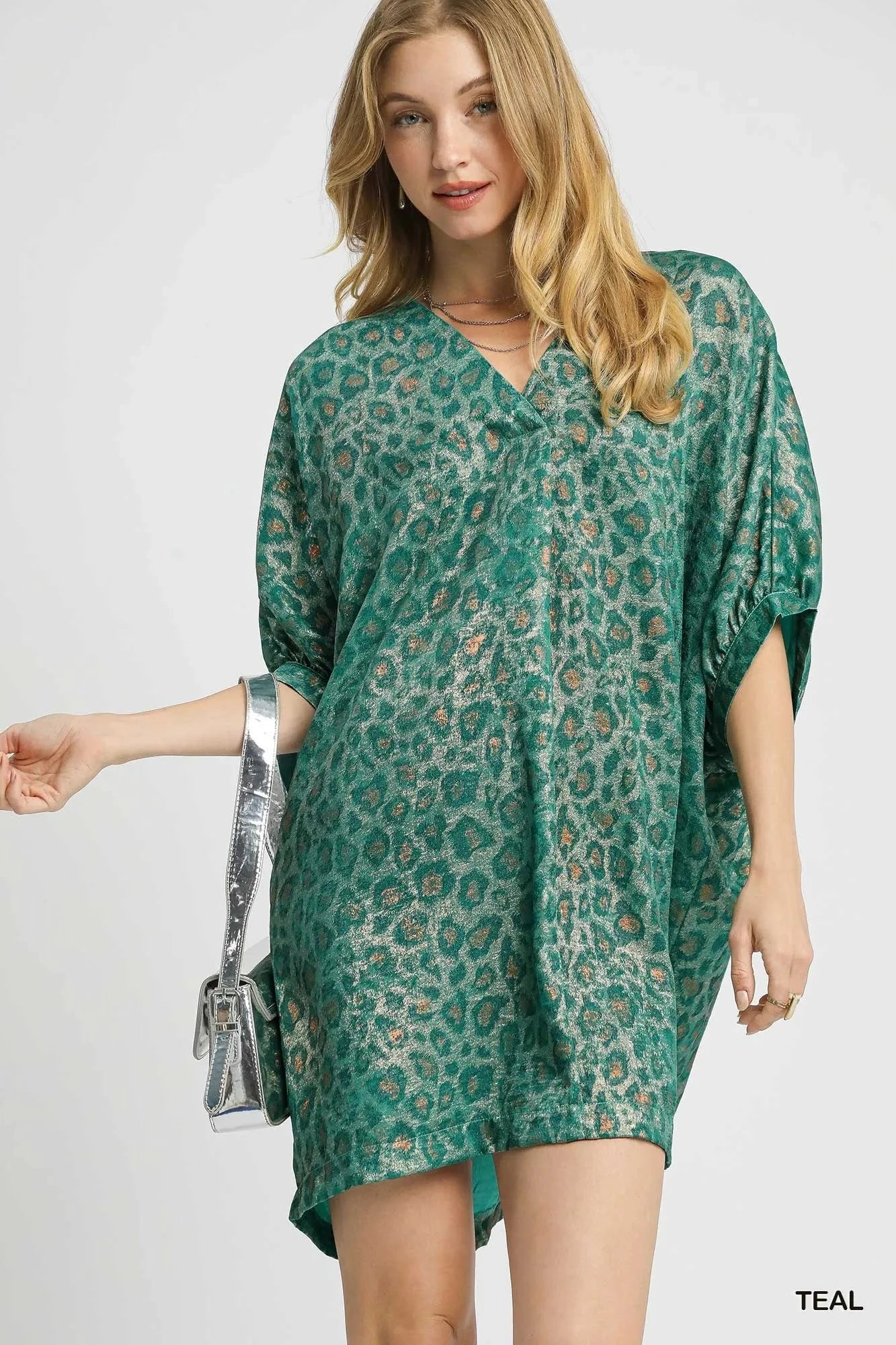 Umgee Metallic Leopard Print V-Neck Kimono Dress TEAL / S