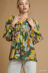 Umgee Mix Abstract Print Balloon Sleeve Blouse GREEN MIX / S