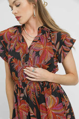 Umgee Mix Ruffle Sleeve Tropical Midi Dress