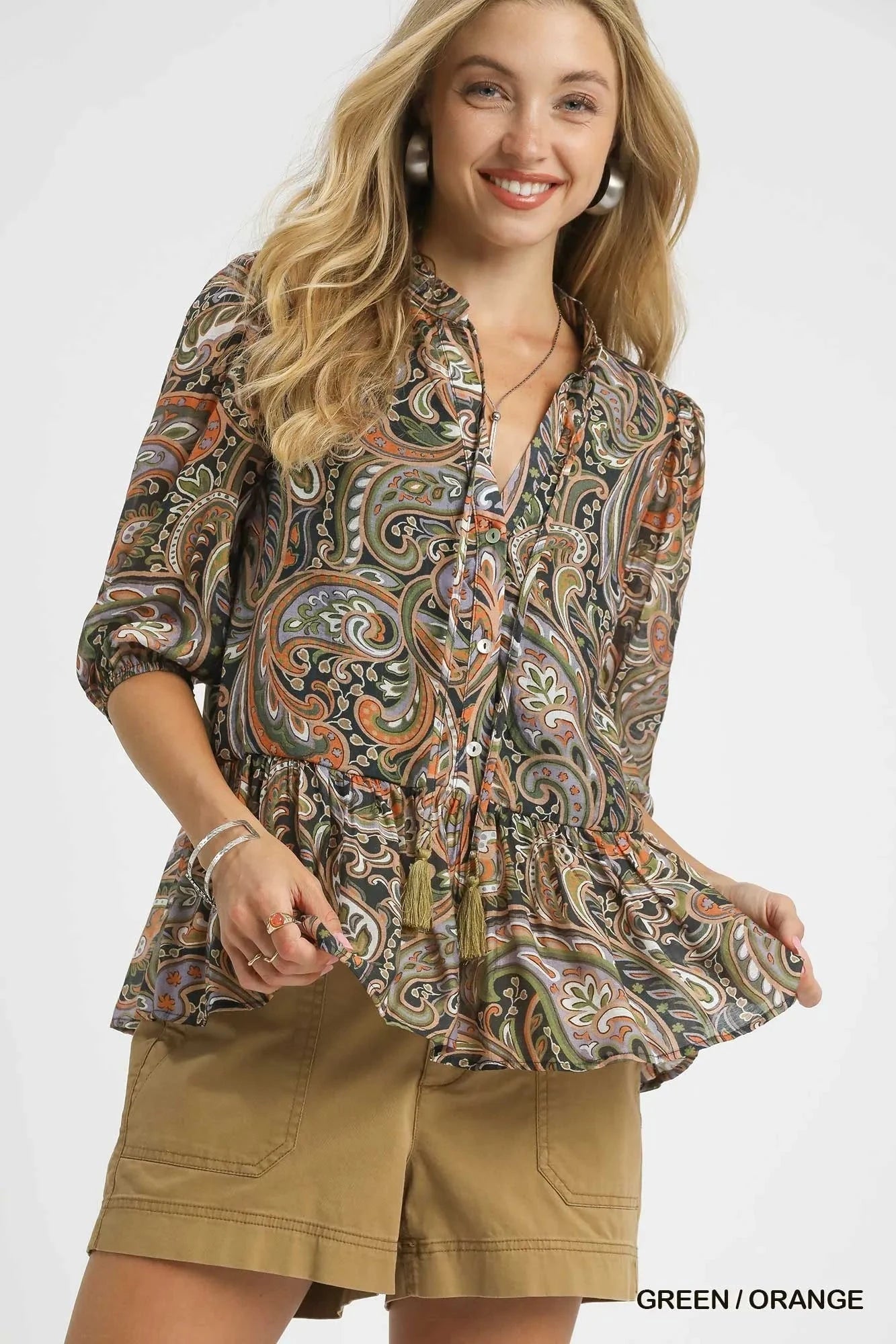 Umgee Paisley Print Peplum Blouse GREEN / ORANGE / S