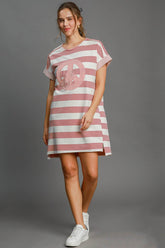 Umgee Peace Applique Striped Short Sleeve Mini Dress Dusty Pink / S