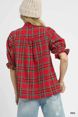 Umgee Plaid Smocked V-Neck Flannel Top